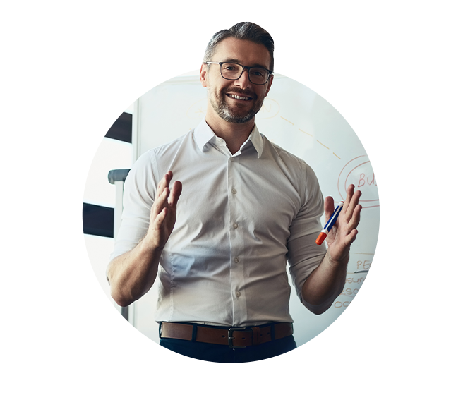 Business professional with white board and marker