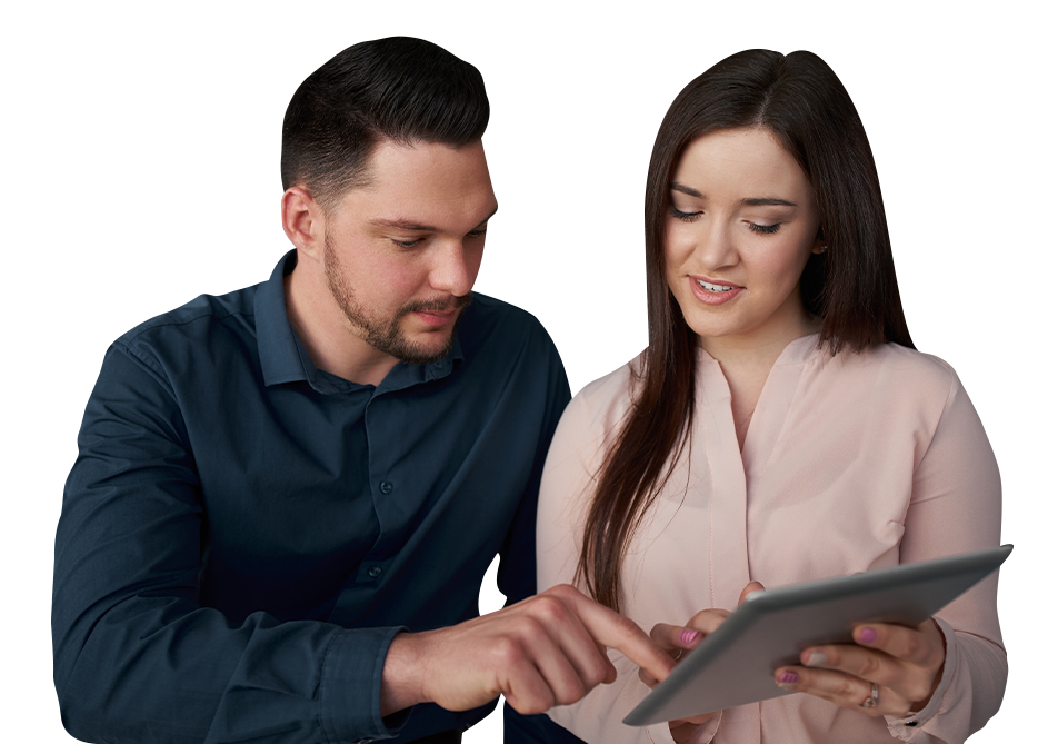 A man and a woman using a tablet computer