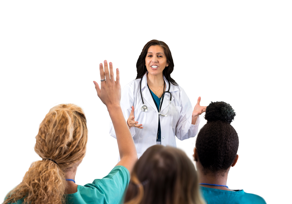 Medical student raising hand in classroom