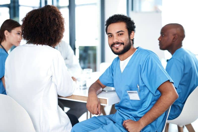 Nurses chatting in a hospital setting