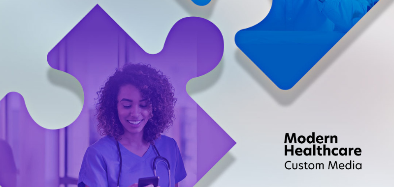 Woman inlaid on colorful image with Modern Healthcare