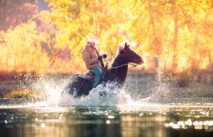 Man wearing a cowboy hat riding a horse