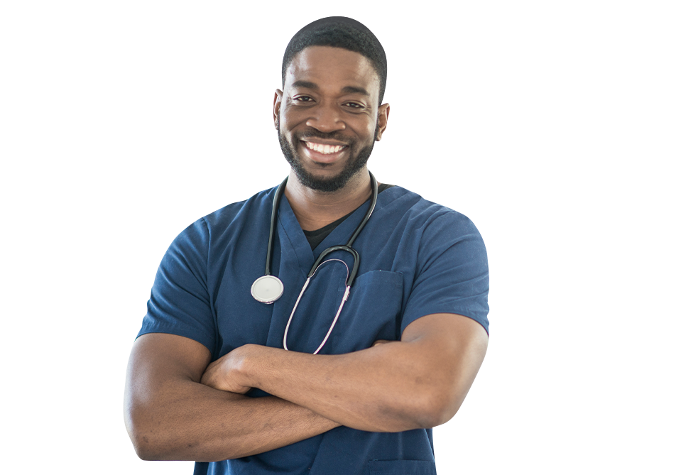 a male nurse smiling with his arms crossed