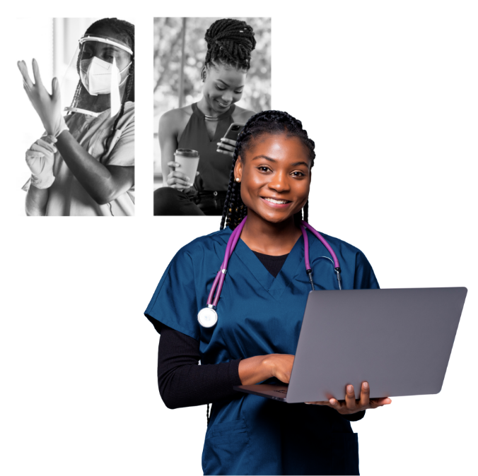 A physician wearing medical scrubs, holding a laptop while smiling.