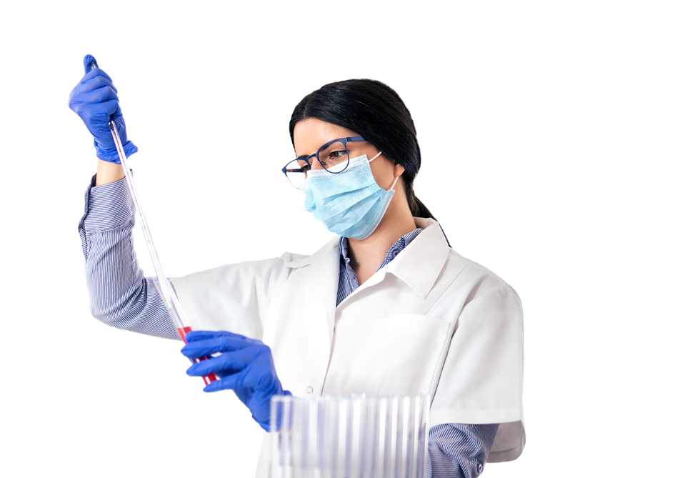 Lab technician pouring contents of syringe into vial