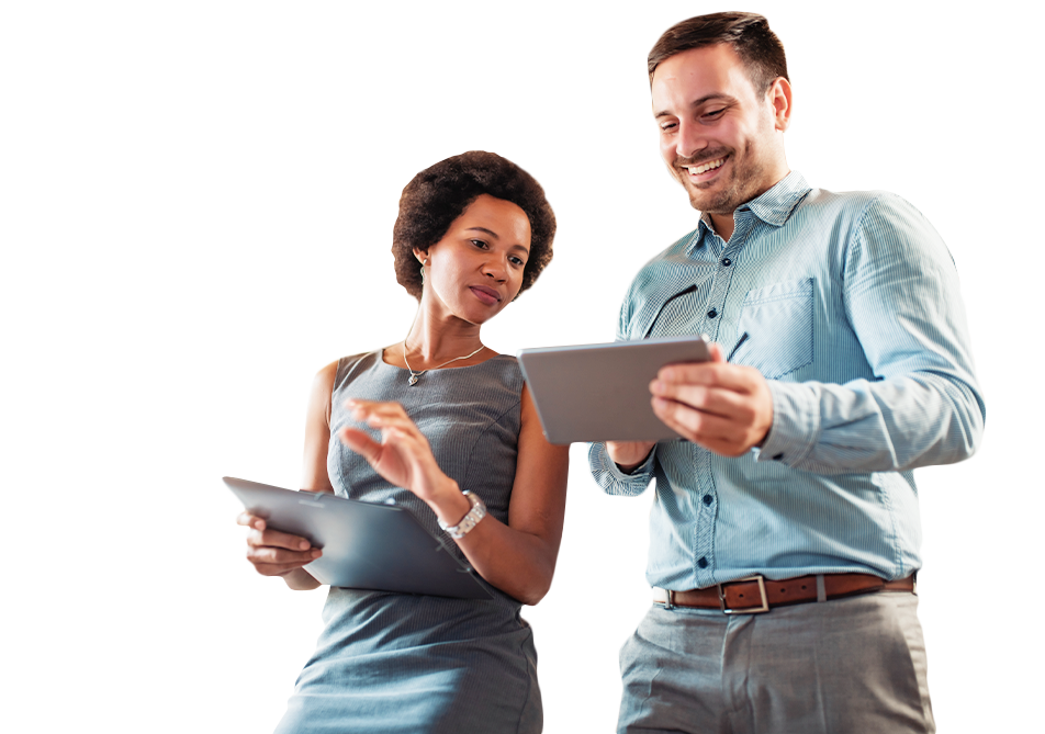 Two business people looking at table computers